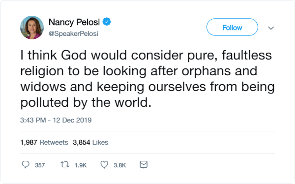 Tweet: I think God would consider pure, faultless religion to be looking after orphans and widows and keeping ourselves from being polluted by the world.